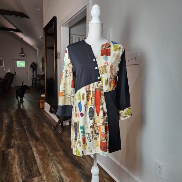 PARSLEY & SAGE BOHO VIBE MIXED PRINT AND SOLID LONG V-NECK 3/4 SLEEVE TOP SIZE S - Picture 2 of 11